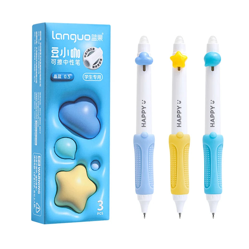 3PCS/Set Erasable Gel Pen For Students 0.5MM Blue Refill Gel Ink Pen Soft Touch Writing Pen Cute Pocket Pen ST Point Neutral Pen