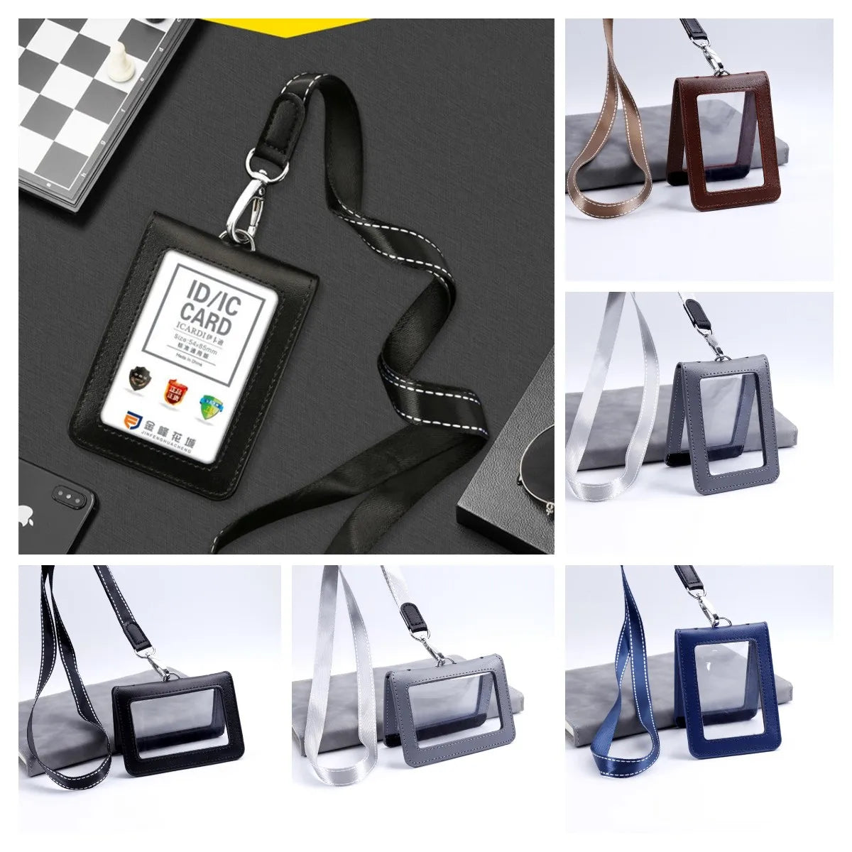New 1pc Double-sided Clear Leather Badge Holder ID Badge Holder Folding Card Holder Card Anti-lost Holder School Office Supplies