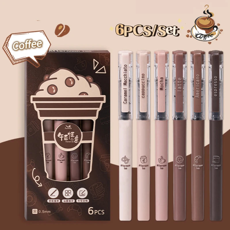 6PCS/Set Coffee Series Gel Pen For Students Quick Dry Gel Ink Pen 0.5MM Black Refill Writing Pen Office School Stationery Supply