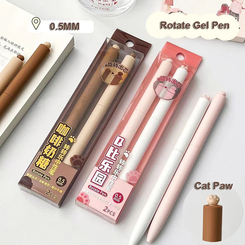 2PCS/Set Cat Paw Rotate Gel Pen Cute Animal Gel Ink Pen Quick Dry Writing Pen For Student 0.5MM Black Refill Gel Pen Stationery