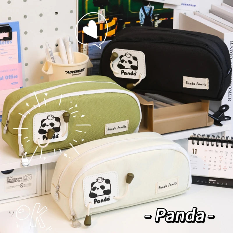 Cute Canvas Pencil Bag Cartoon Panda Pencil Case Zipper Stationery Storage Bag Large Capacity Pen Bag School Office Supplies New