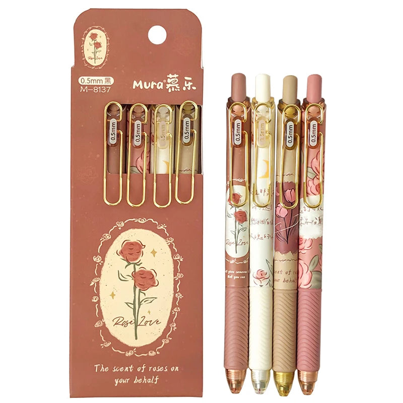 4PCS/Sets Daisy Rose Series Gel Pen 0.5MM Ballpoint Pen Black Refill Writing Pen Quick Drying Gel Ink Pen Office School Supplies