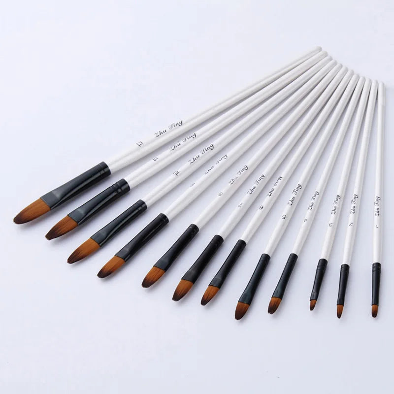 12 PCS/Set Nylon Hair Painting Brush Retro Wooden Handle Brush Pen DIY Watercolor Oil Acrylic Painting Paint Brushes Art Supply