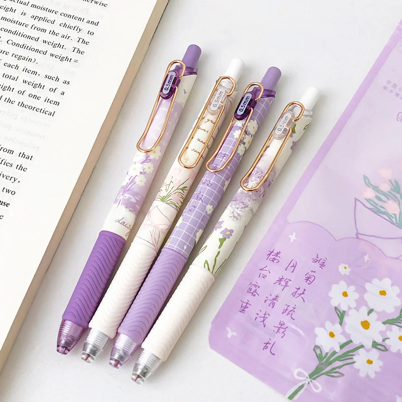 4PCS/Sets Daisy Rose Series Gel Pen 0.5MM Ballpoint Pen Black Refill Writing Pen Quick Drying Gel Ink Pen Office School Supplies