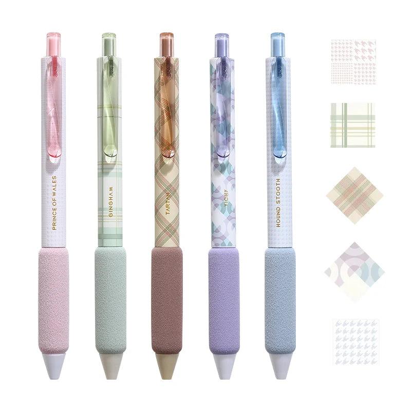 5PCS/Sets Plaid Pattern Series Quick Drying Gel Pen For Students Soft Touch 0.5MM Gel Ink Pen Cute Black Refill Writing Pen New