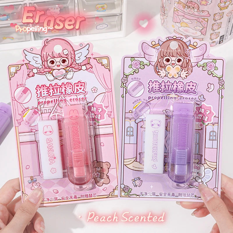 Cute Push Pull Style Eraser Cartoon Replaceable Rubber Peach Scented Eraser For Student Propelling Eraser Stationery Supply New