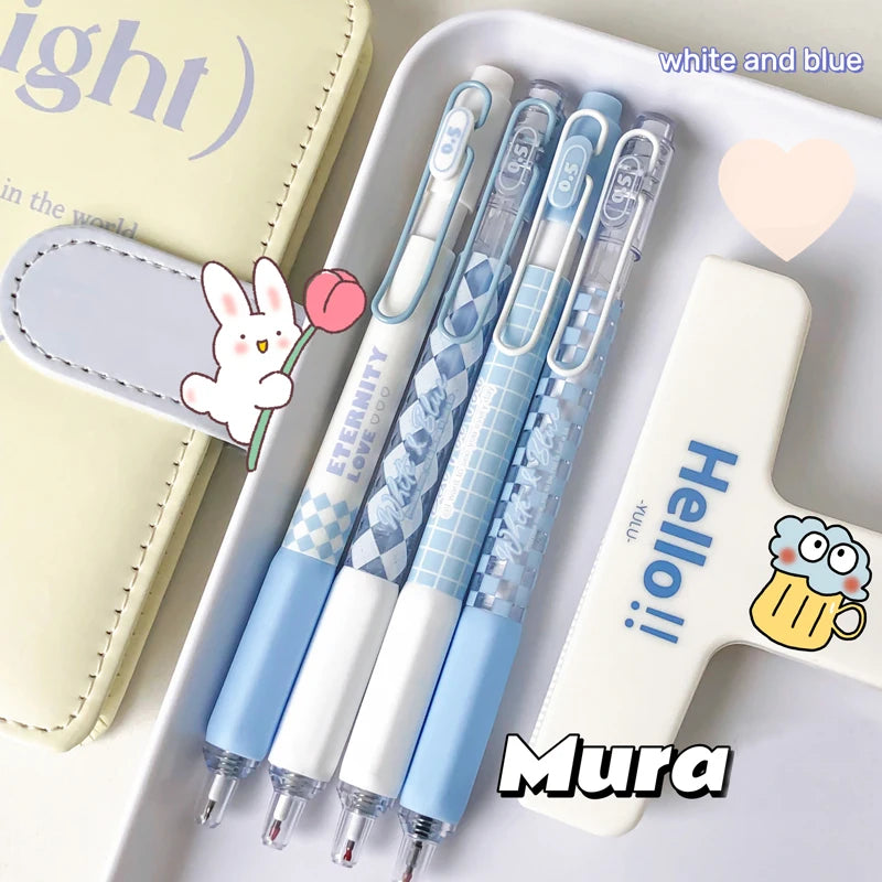 4PCS/Sets Blue White Grid Series Gel Pen 0.5MM Black Refill Gel Ink Pen Cute Writing Pen For Students Office School Supplies New