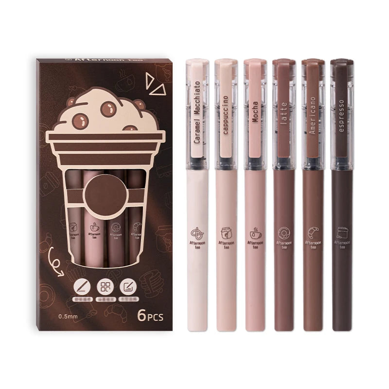 6PCS/Set Coffee Series Gel Pen For Students Quick Dry Gel Ink Pen 0.5MM Black Refill Writing Pen Office School Stationery Supply