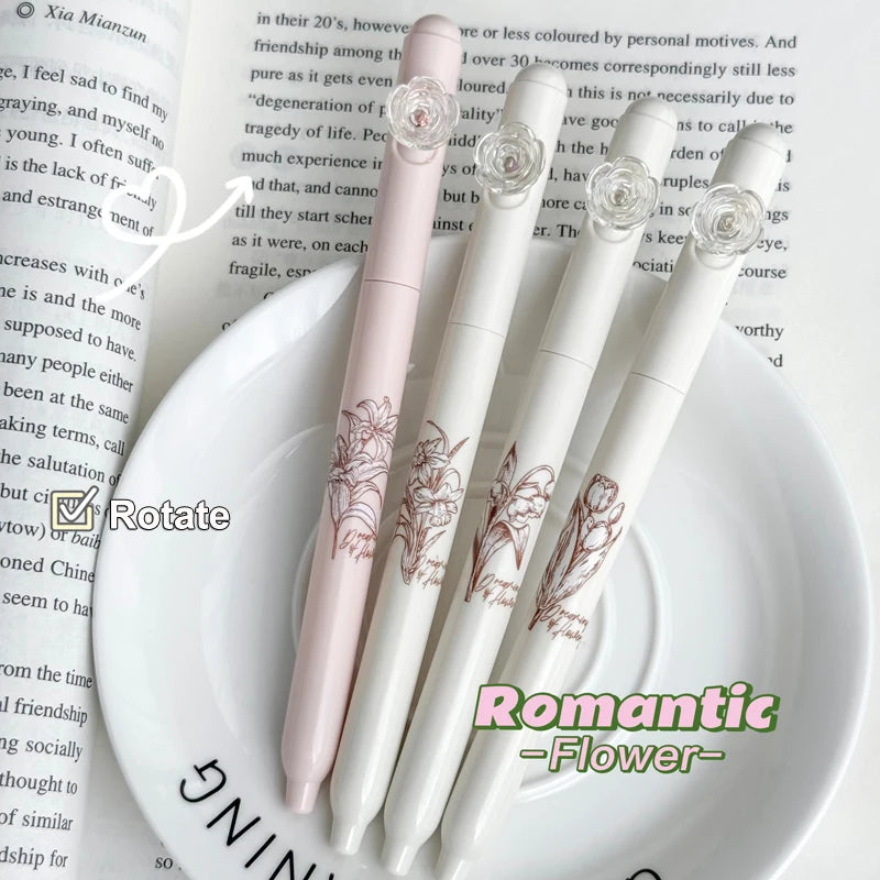 4PCS/Set Romantic Flower Gel Pen 0.5MM Quick Dry Gel Ink Pen For Student Creative Rotate Writing Pen Black Refill Pen Stationery