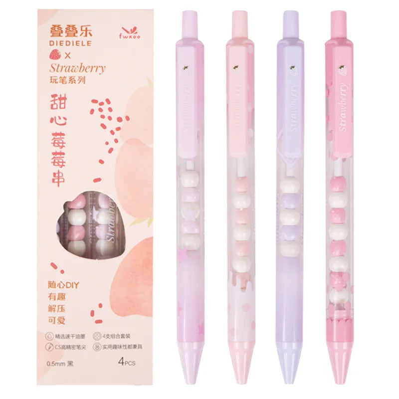 4PCS/Set Sweet Strawberry Gel Pen For Students Creative DIY Bead Gel Ink Pen Quick Dry Writing Pen 0.5MM Black Stationery Pen