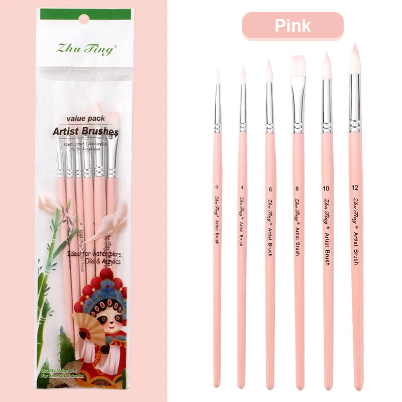 6PCS/Set Nylon Hair Painting Brush Macaron Color Wooden Handle Brush Pen DIY Watercolor Oil Acrylic Painting Brushes Art Supply
