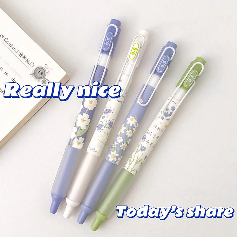 4PCS/Set Flower Gel Pen For Students 0.5MM Black Refill Gel Ink Pen Quick Dry Writting Pen Cute Neutral Pen School Office Supply