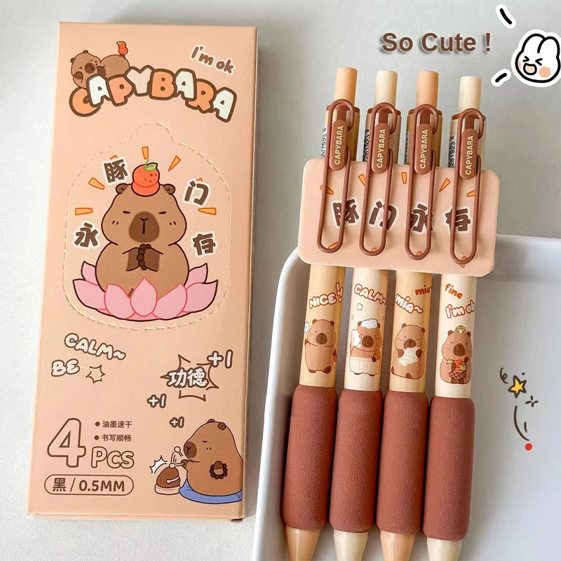 4PCS/Set Cute Capybara Gel Pen Cartoon Gel Ink Pen 0.5MM Black Refill Quick Dry Writing Pen Soft Touching Neutral Pen Stationery