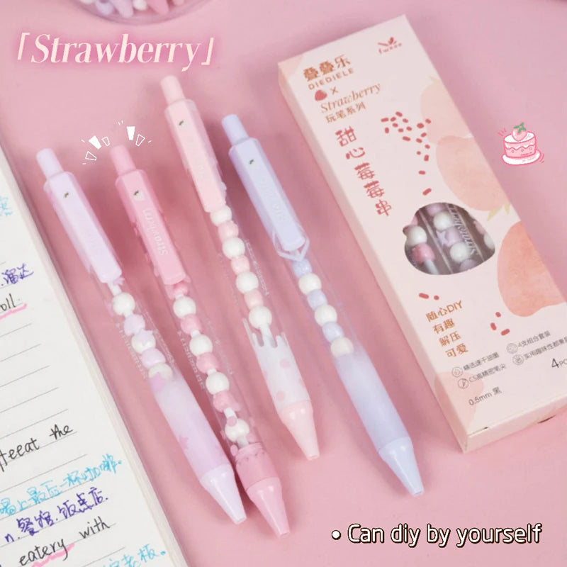 4PCS/Set Sweet Strawberry Gel Pen For Students Creative DIY Bead Gel Ink Pen Quick Dry Writing Pen 0.5MM Black Stationery Pen