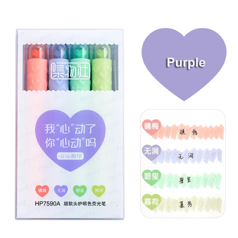 4PCS/Set Heart Highlighter Pen For Student Cute Fluorescent Pen Oblique Head Marker Pen Multicolor Graffiti Draw Pen Art Supply