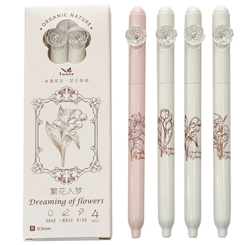 4PCS/Set Romantic Flower Gel Pen 0.5MM Quick Dry Gel Ink Pen For Student Creative Rotate Writing Pen Black Refill Pen Stationery