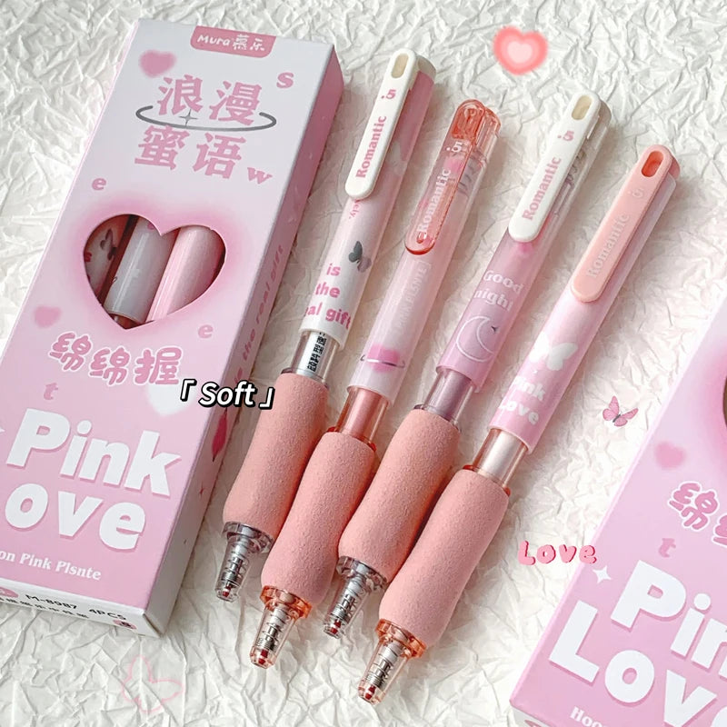 4PCS/Set Pink Love Gel Pen For Students ST Pen Point Gel Ink Pen Quick Dry 0.5MM Black Writing Pen Stationery Office Supply New